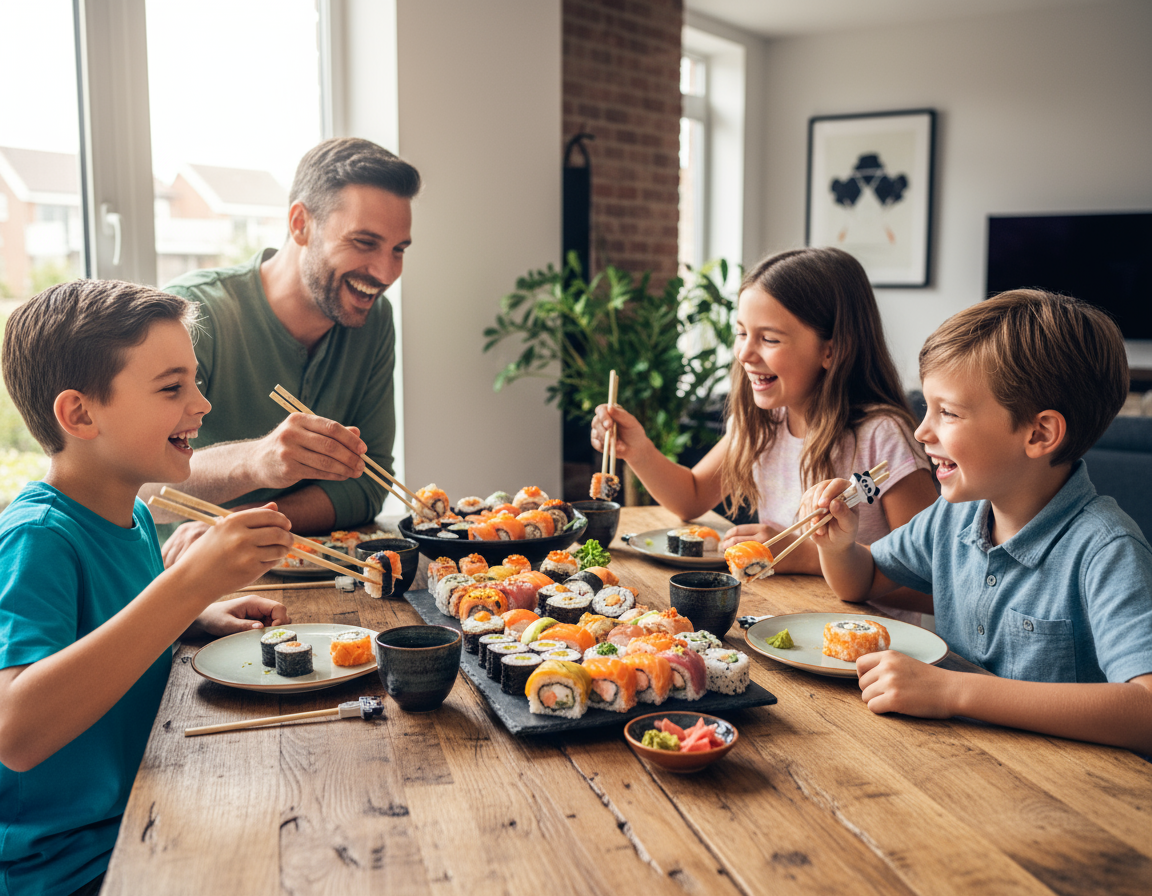 Família feliz com crianças usando chopsticks panda STIKKO